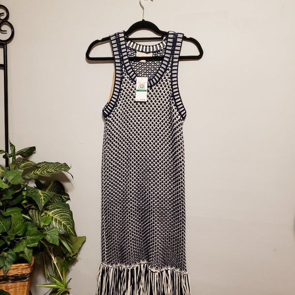 New Michael Kors Navy Blue Sweater Dress with fringe bottom - Picture 1 of 13